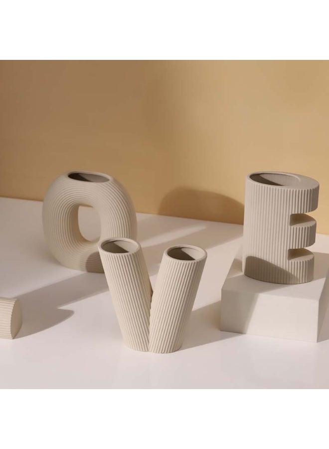 Tohfat Alaroos Est. LOVE Ceramic Vase Set of 4, Modern Ribbed Flower Vases for Living Room, Shelf, Coffee Table & Home Decor, Beige - Image 2